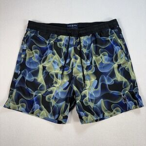 Psycho Bunny 6" Swim Trunks Men's L Black Blue Green Psychedelic Mesh Lined Logo